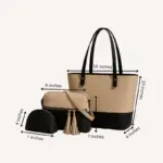 Grace 3 in 1 Size guideline image. Main bag Width from top: 15 inches Height: 10 Inches Thickness 4 inches Makeup pouch: Width: 8 inches Height 7 Inches D Shape Pouch: Width 7 inches and height from center 4 Inches